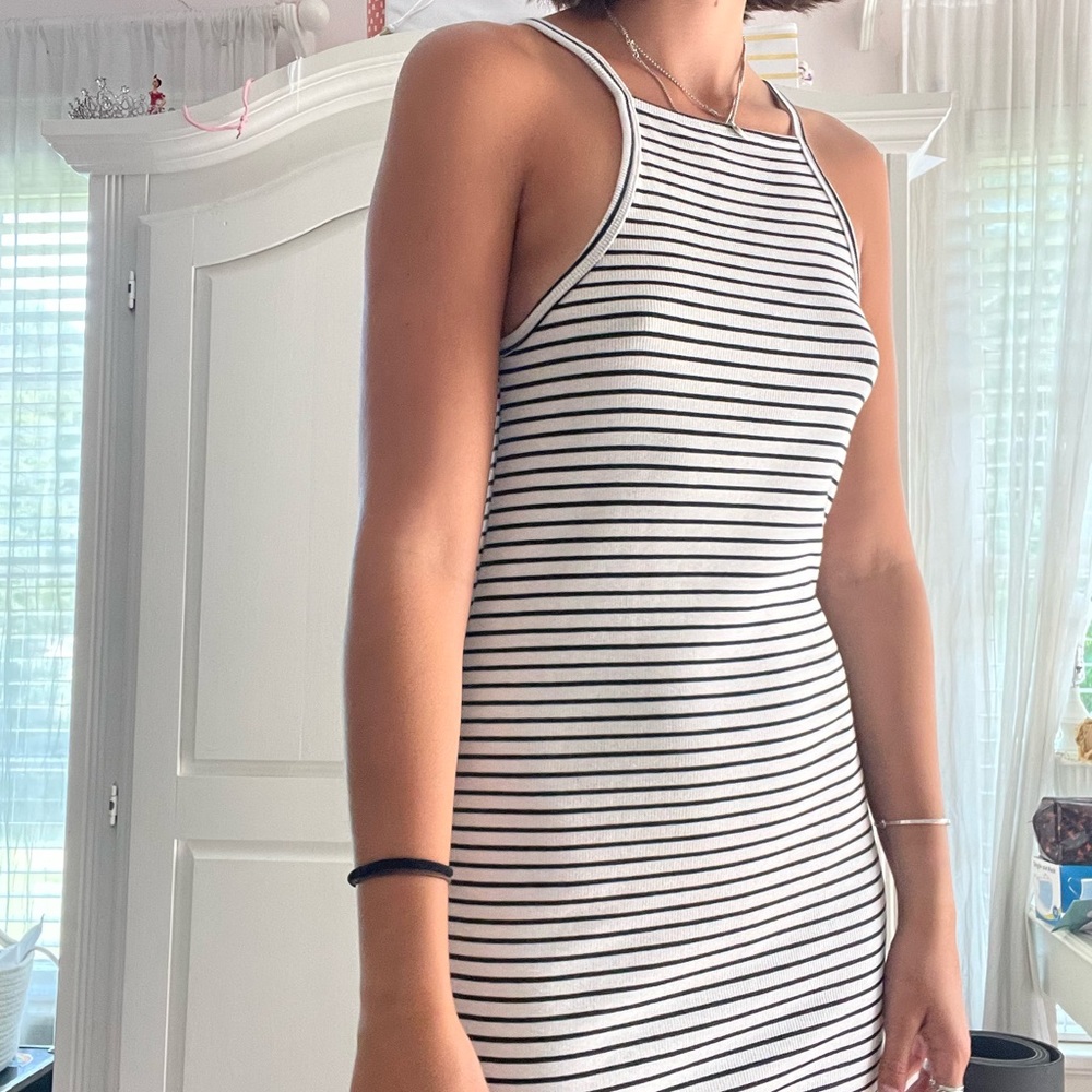 Black and White Striped High Neck Dress